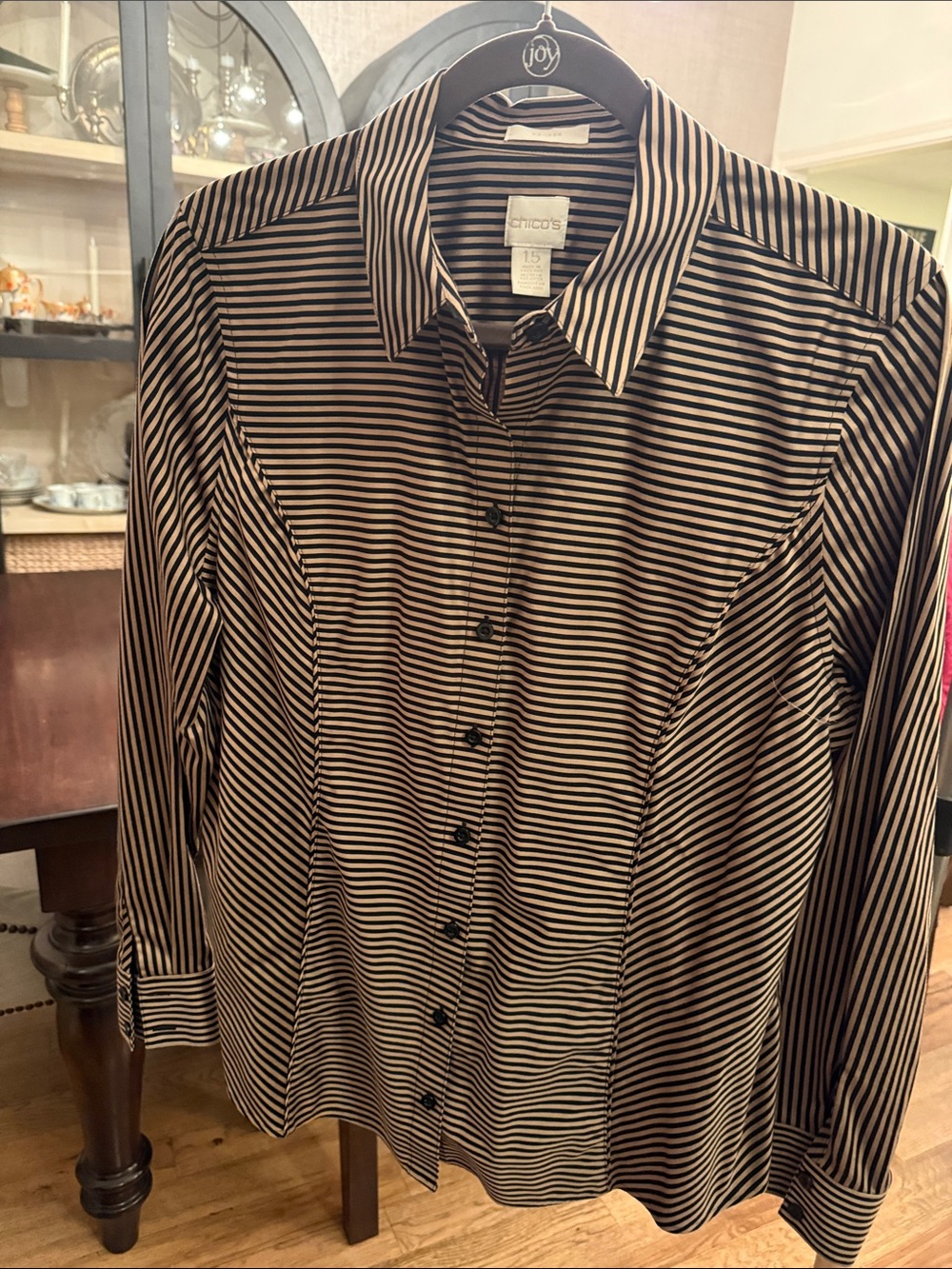 Chico's Black and Cream Striped Button-Down Shirt